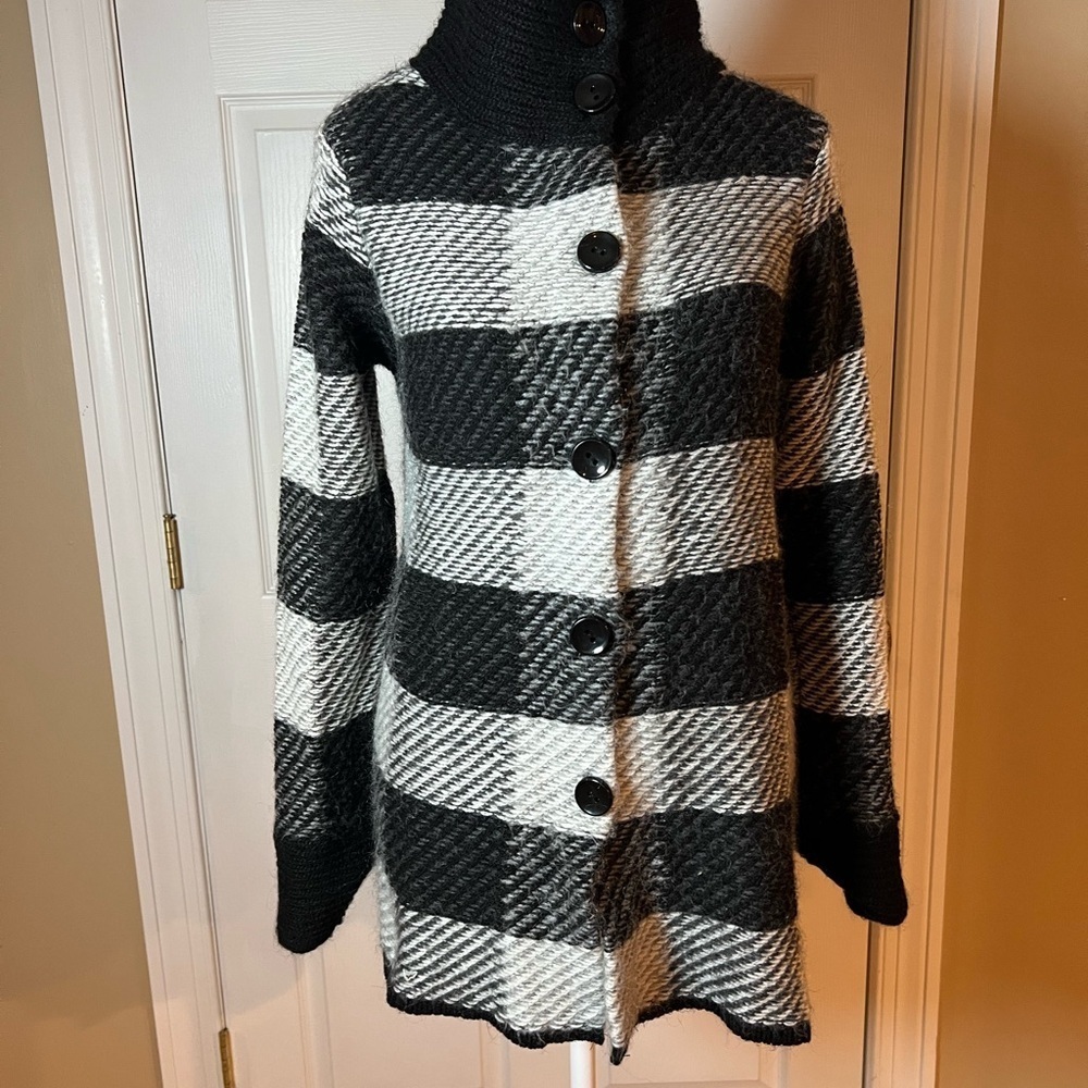 Maryline Italy Black Gray Plaid Mohair Wool Blend Cardigan Sweater Size M Cozy